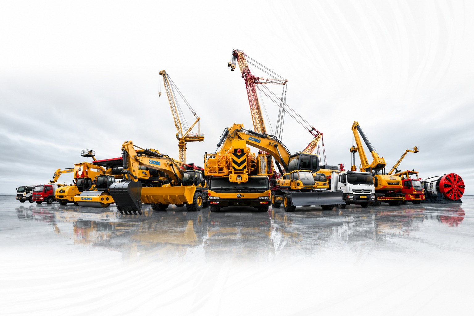 Heavy equipment lineup showing cranes, excavators, loaders and trucks